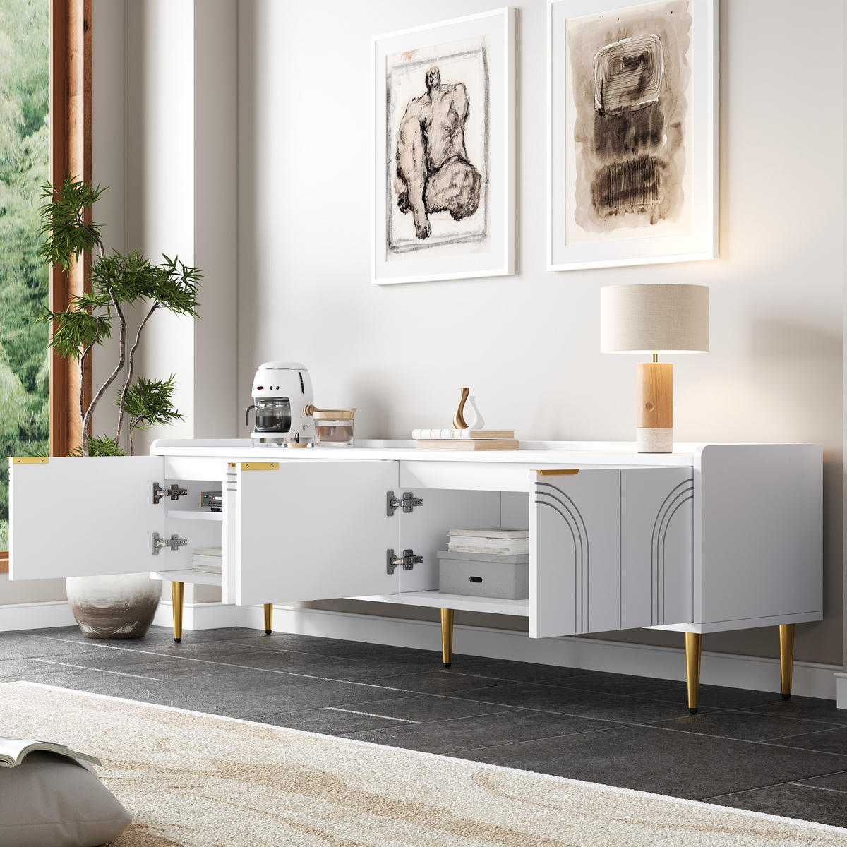 TV-SCHRANK in Weiß mit 3D-Türen und goldfarbenen Griffen 170/35/47.5 cm - Weiß, Holzwerkstoff (170/47.5/35cm) - Redom