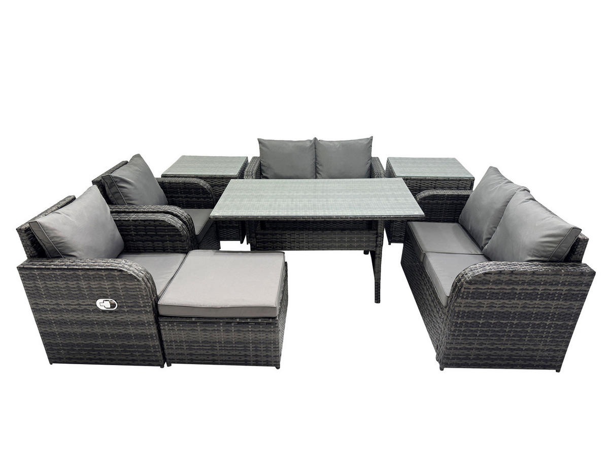 GARTENSET mit Zweisitzer,Esstisch,Beistelltischen Polyrattan 7-Sitzer - Dunkelgrau/Grau, Glas/Kunststoff - Fimous