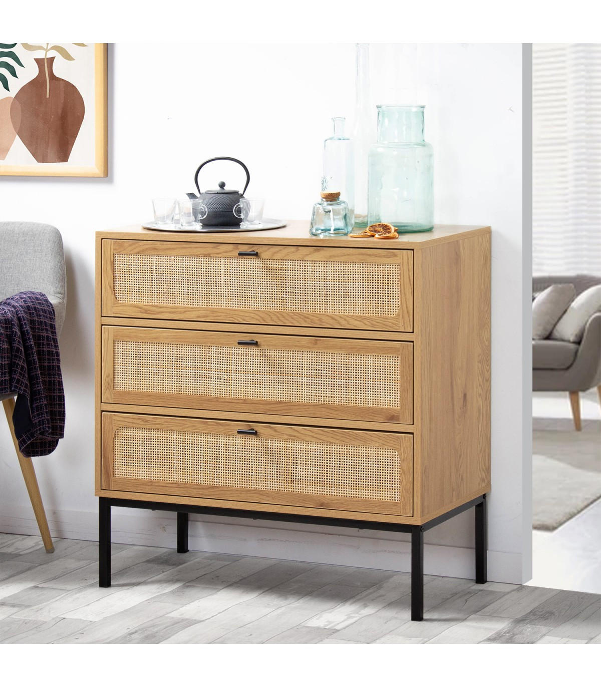 KOMMODE mit 3 Schubladen und Vorderseite aus Rattan - L80 cm - Eichefarben, Holzwerkstoff (39/79/80cm) - Calicosy