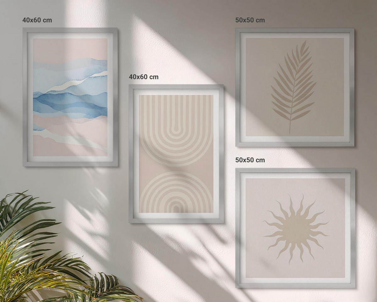 BILDER SET 4er Set - 50x50 cm & 40x60 cm Silberner Rahmen - Abstrakte Linien der Sonnenwellen - Silberfarben, Kunststoff (50/50cm) - TULUP