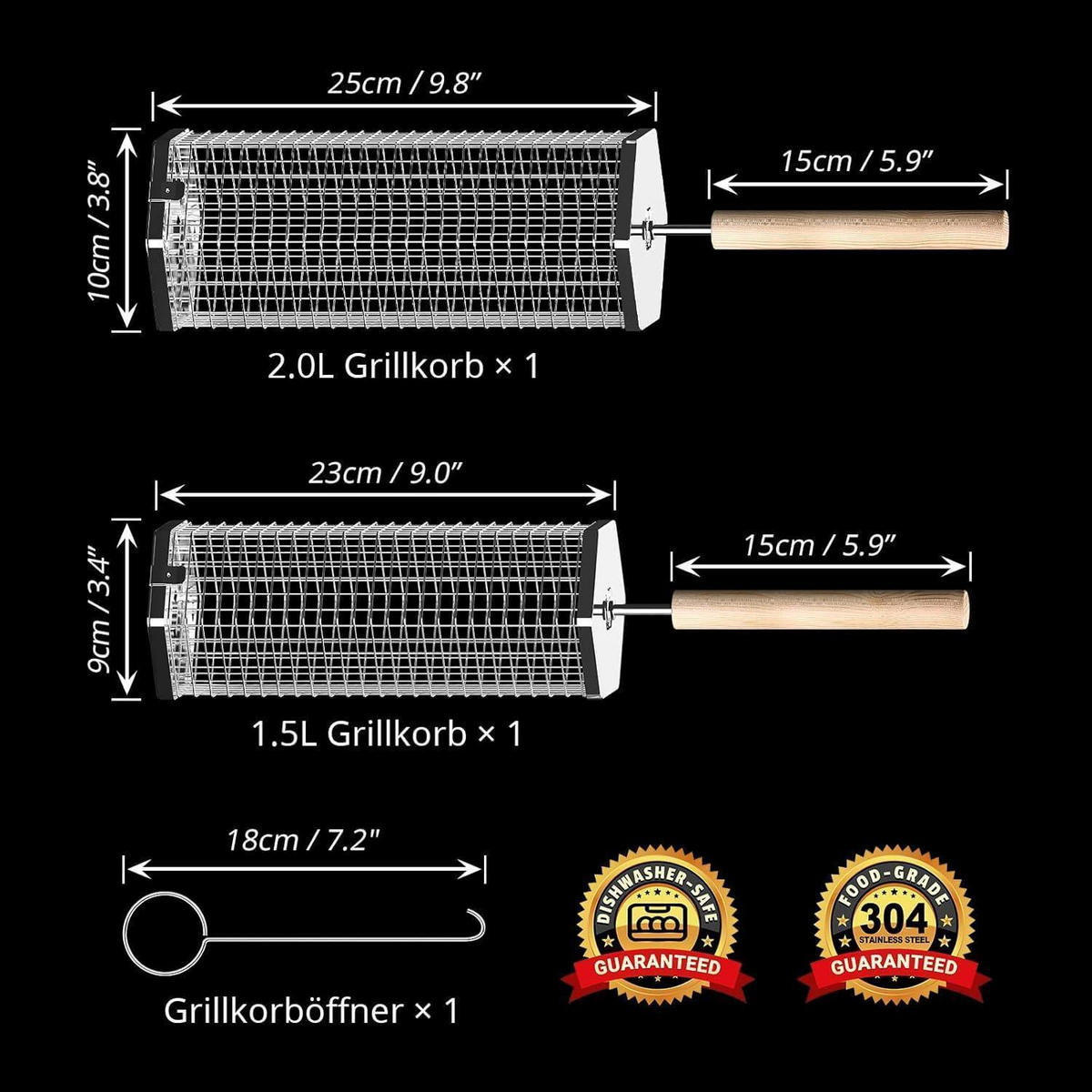 GRILLKORB 2-teiliges Set Edelstahl mit Holzgriff - Multicolor, Metall (15/10/25cm)