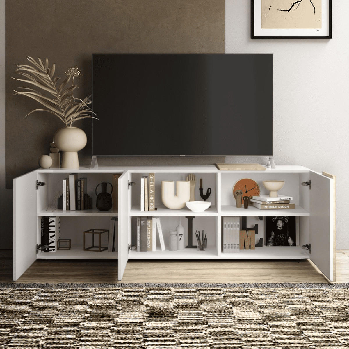 TV-MÖBEL 3 Schwingtüren Pluton - L181 cm - Weiß, Holzwerkstoff (44/57/181cm) - Calicosy