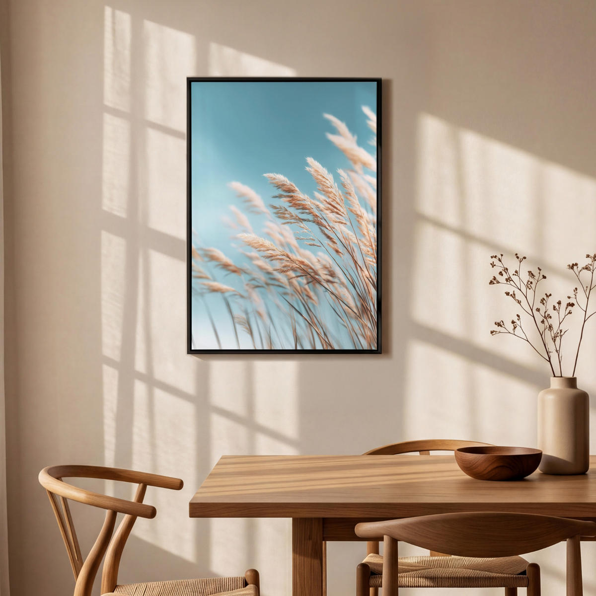 LEINWAND Bilder mit Rahmen - Ziergras - Wind - Hellbraun - 60x90 - Hellblau, Textil (60/90cm) - MuchoWow