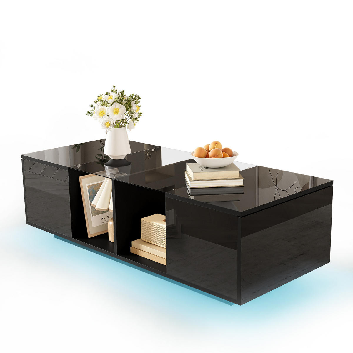 COUCHTISCH 120/50/38,5 cm in Schwarz mit LED-Beleuchtung und Stauraum - Schwarz, Holzwerkstoff (120/50/38.5cm) - Flora Grace