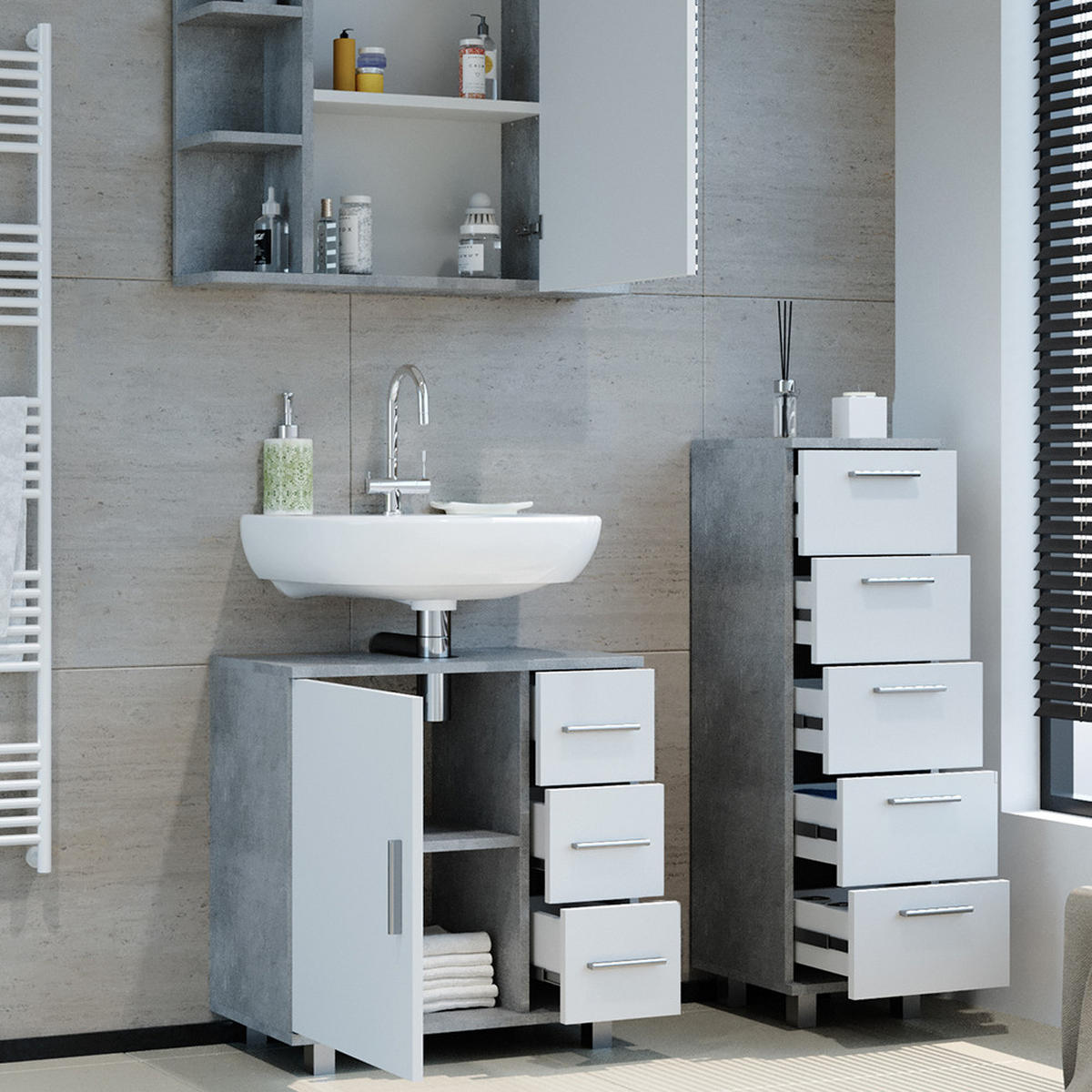 BADMÖBEL-SET Ilias Beton 3 Teile, mit Midischrank - Weiß/Grau, Holzwerkstoff (60/60.8/33cm) - Vicco