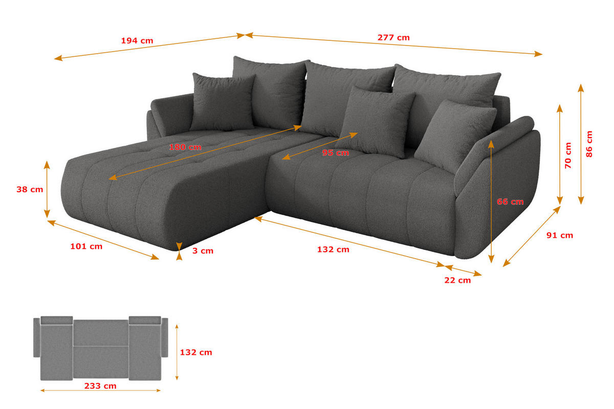ROHOVÁ SEDAČKA s funkcí spaní, otoman vlevo TOKO-L 277x194x86 šedá bouclé - šedá/černá, kompozitní dřevo/textil (277/194cm) - ALTDECOR