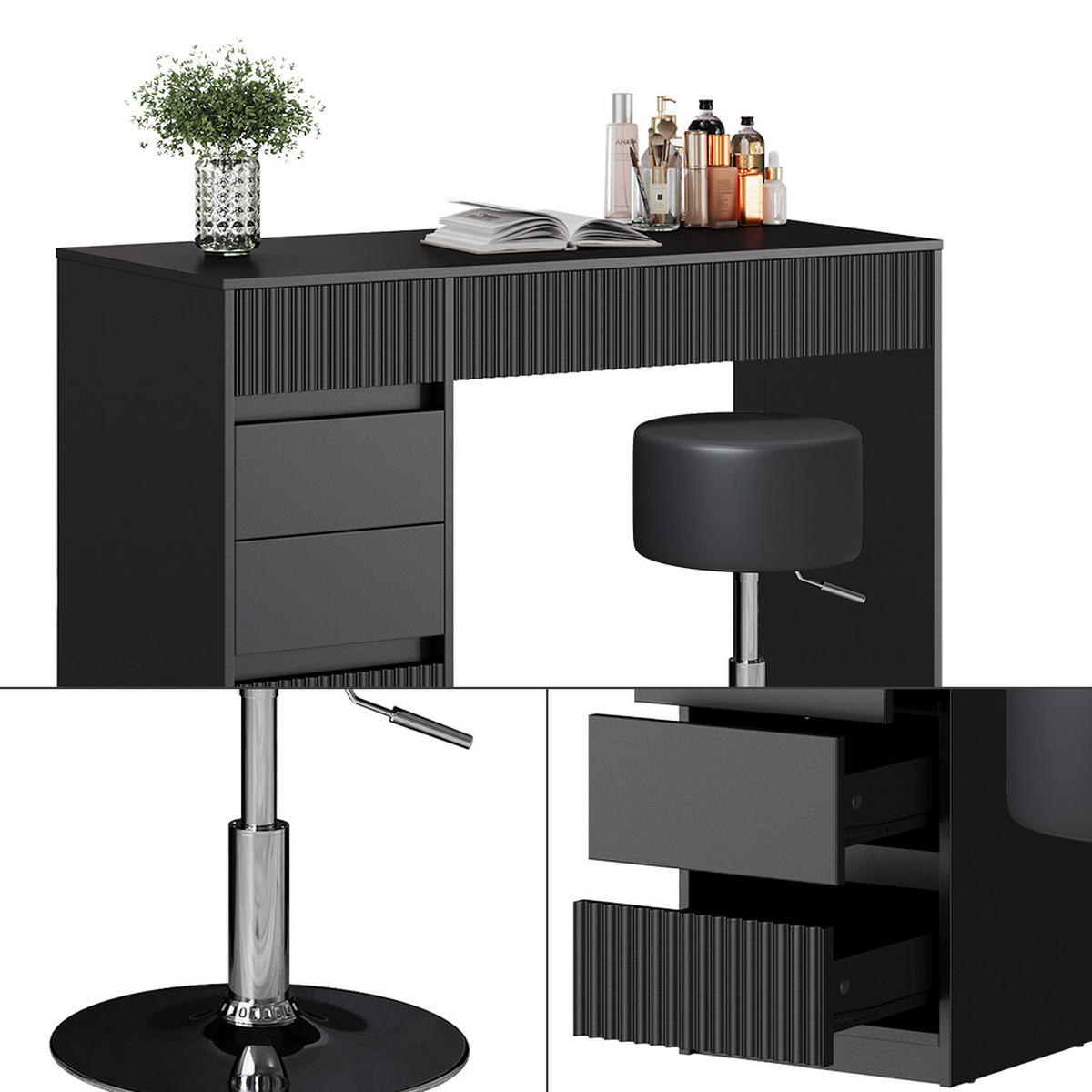 SCHMINKTISCH Omira Schwarz 120 cm mit Hocker - Schwarz, Holzwerkstoff (120/76/55cm) - Vicco