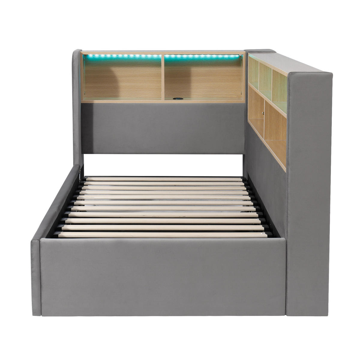 TAGESBETT 90/200 cm mit hydraulischem Bettkasten, LED, USB- und Type-C-Anschluss, Samt, Grau - Grau, Textil (90/200cm) - Redom
