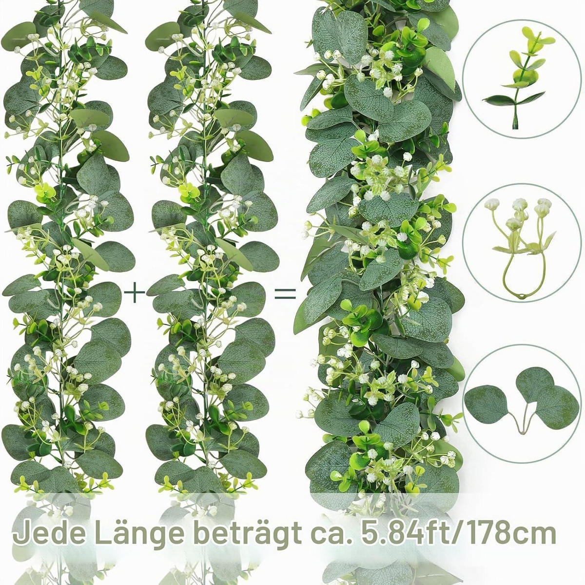 KÜNSTLICHE Eukalyptus Girlande mit weißen Blumen 2 Stück 180 cm - Grün, Kunststoff (5cm)