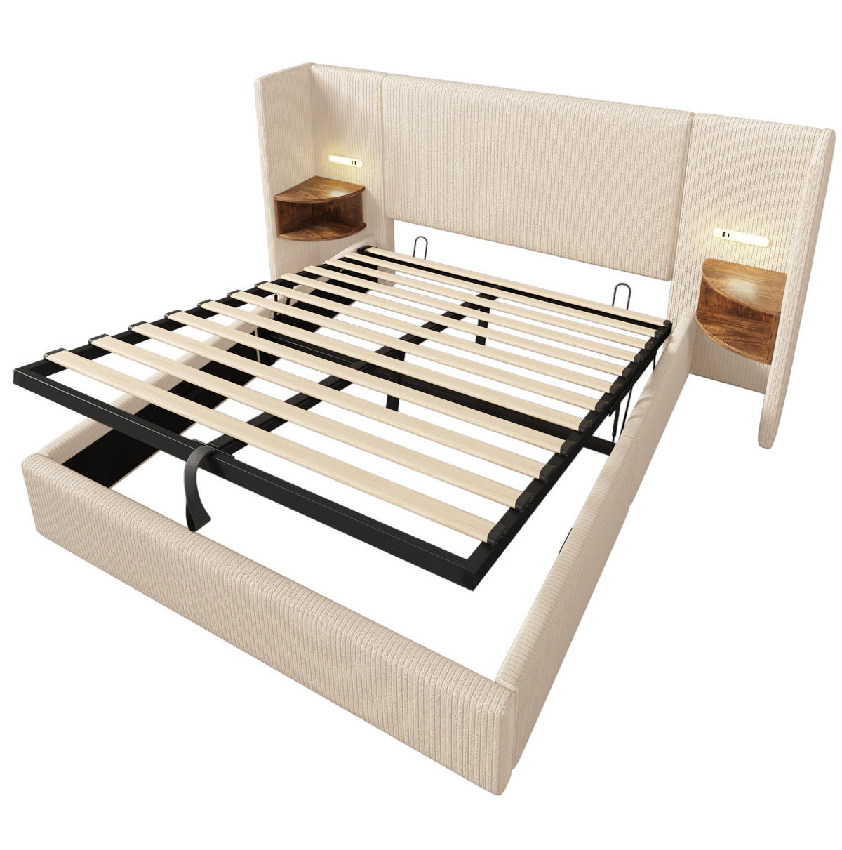 POLSTERBETT 160/200 cm Beige-Weiß mit Stauraum und Leselampe aus Cordstoff - Weiß, Textil (160/200cm) - OKWISH
