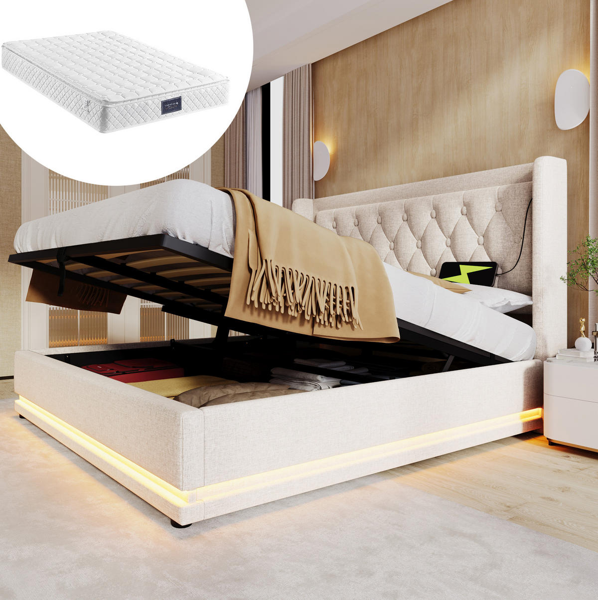 POLSTERBETT 140/200 cm mit Bettkasten, LED und USB-C in Beige - Beige, Textil (140/200cm) - BEAOK