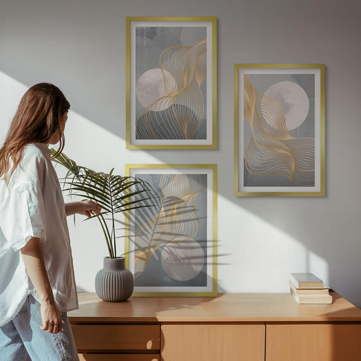BILDER SET 3er Set - 40x60 cm Goldrahmen - Abstrakte Muster Wellen Kreise - Goldfarben, Kunststoff (40/60cm) - TULUP