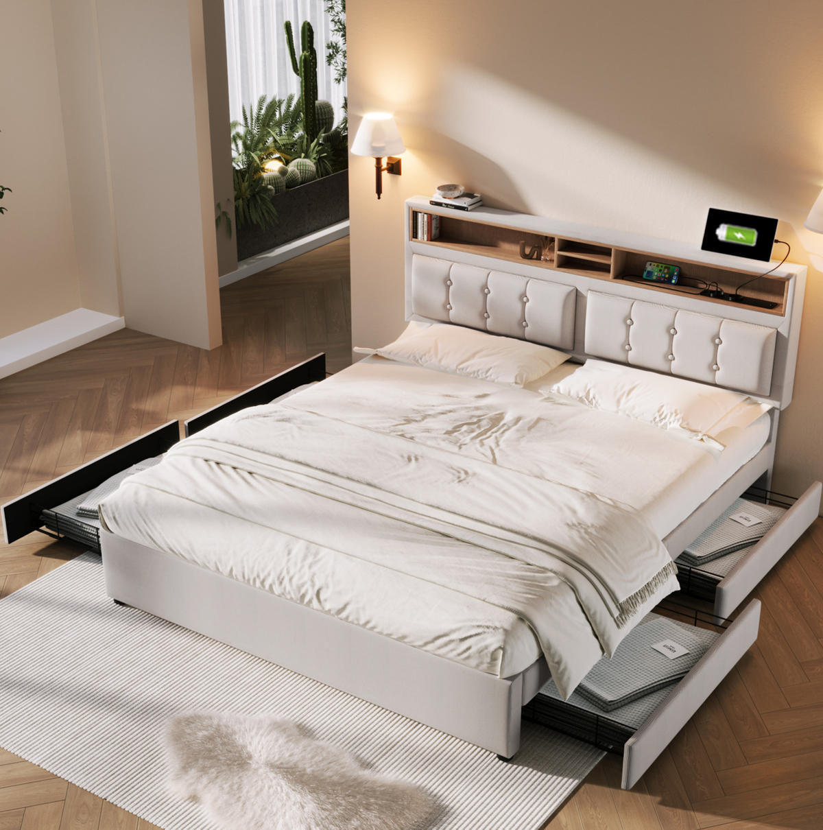 POLSTERBETT mit 4 Schubladen, USB-C und Matratze 140x200 cm Beige - Beige, Metall (140/200cm) - Meubliv