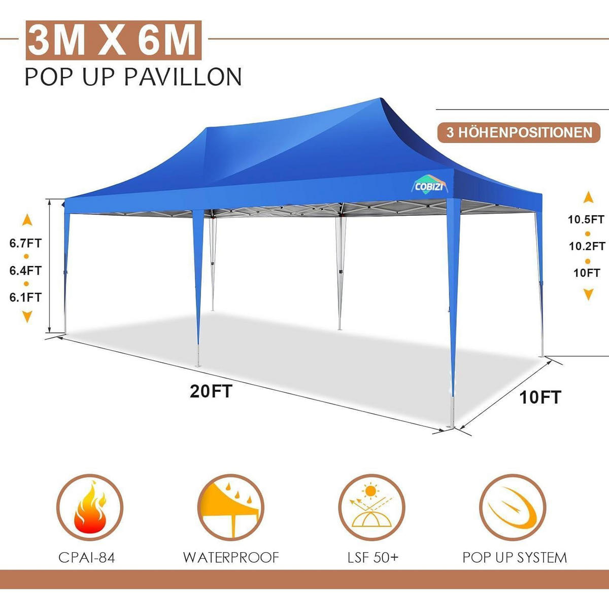 FALTPAVILLON 3x6 m Hellblau mit 6 Seitenteilen - Blau, Textil (300/320/600cm)
