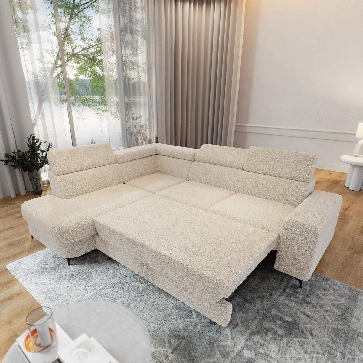 ECKSOFA ALVORO L-S Creme Boucle-Stoff mit Schlaffunktion - Creme, Holz (253/190cm) - MASSENO
