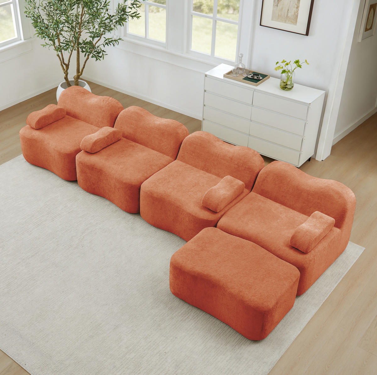 SOFA modular L-Form 4-Sitzer Samt Orange mit Hocker - Orange, Textil (167/384cm) - Meubliv