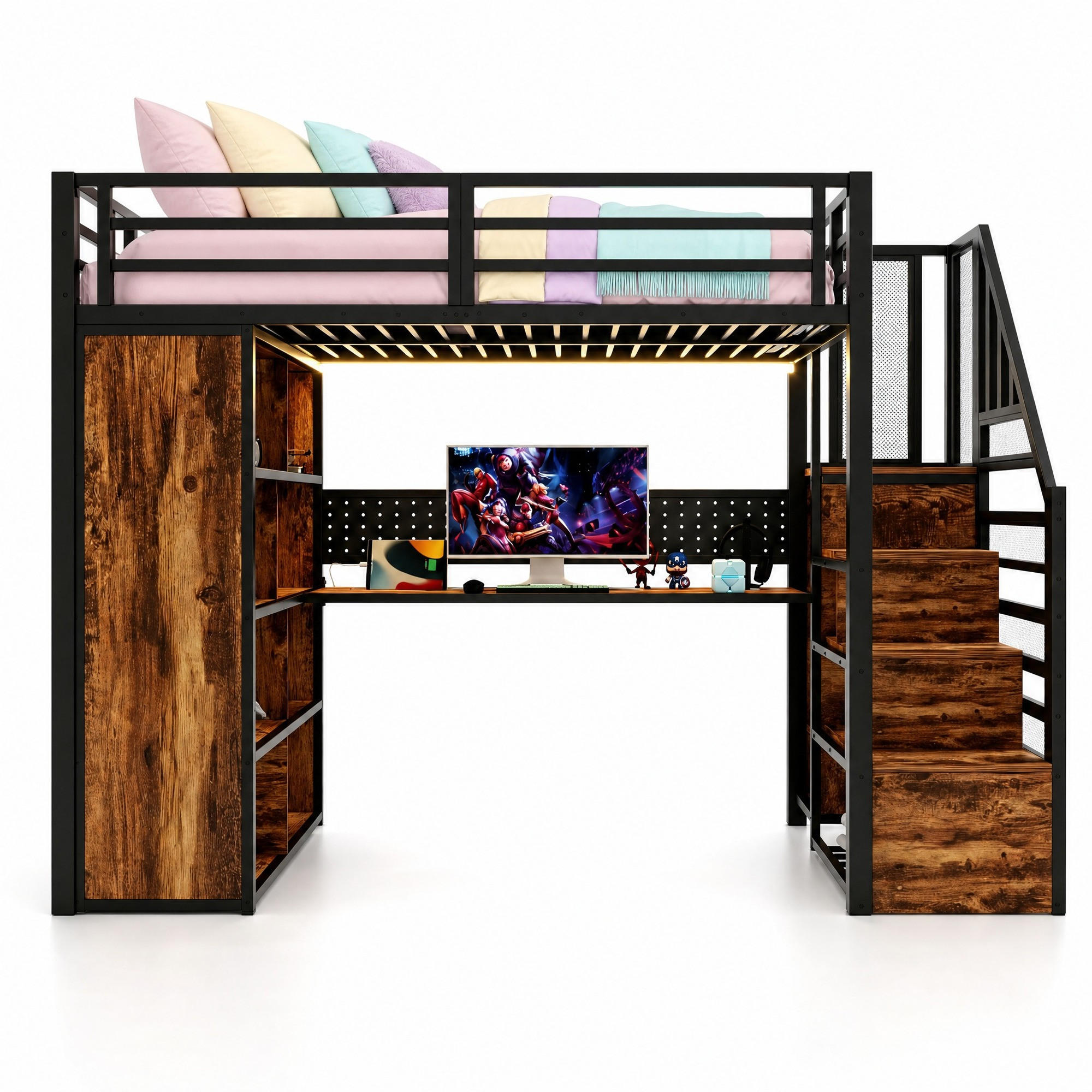 HOCHBETT 90/200 mit LED Kleiderschrank Schreibtisch und Steckdose in Schwarz - Schwarz, Holz/Holzwerkstoff (90/200cm) - EVRYAE
