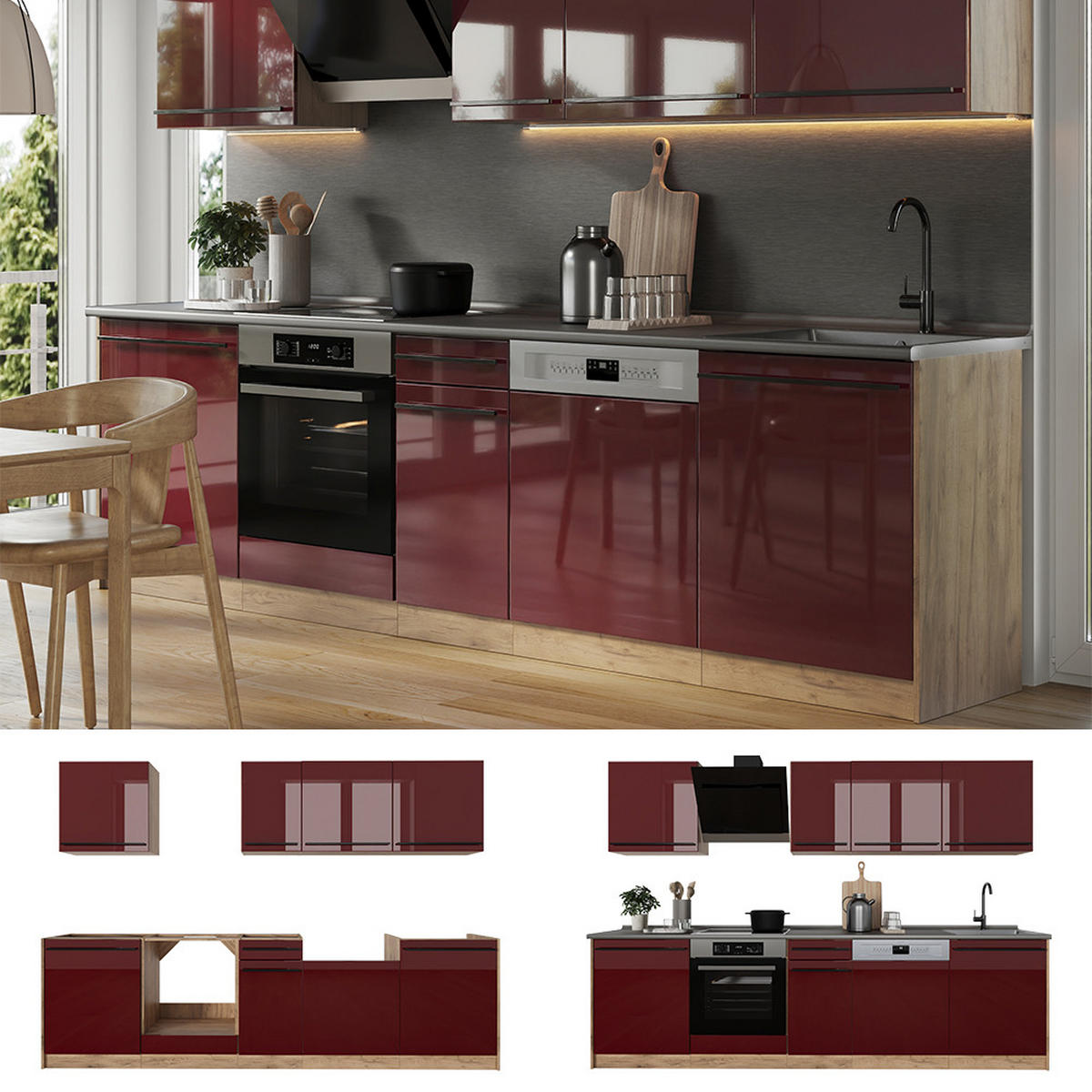 KÜCHENZEILE R-Line, Rot Hochglanz/Goldkraft Eiche, 280 cm ohne Arbeitsplatte - Honigeiche/Rot, Holzwerkstoff (280/206.8/46cm) - Vicco