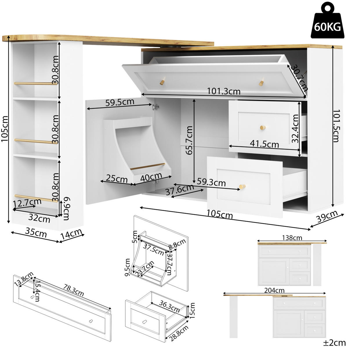 BARTISCH aus MDF mit Stauraum & 360°-Drehplatte, ausziehbar 138-204/39/105 cm, Weiß - Weiß, Holzwerkstoff (39/105/138cm) - Redom