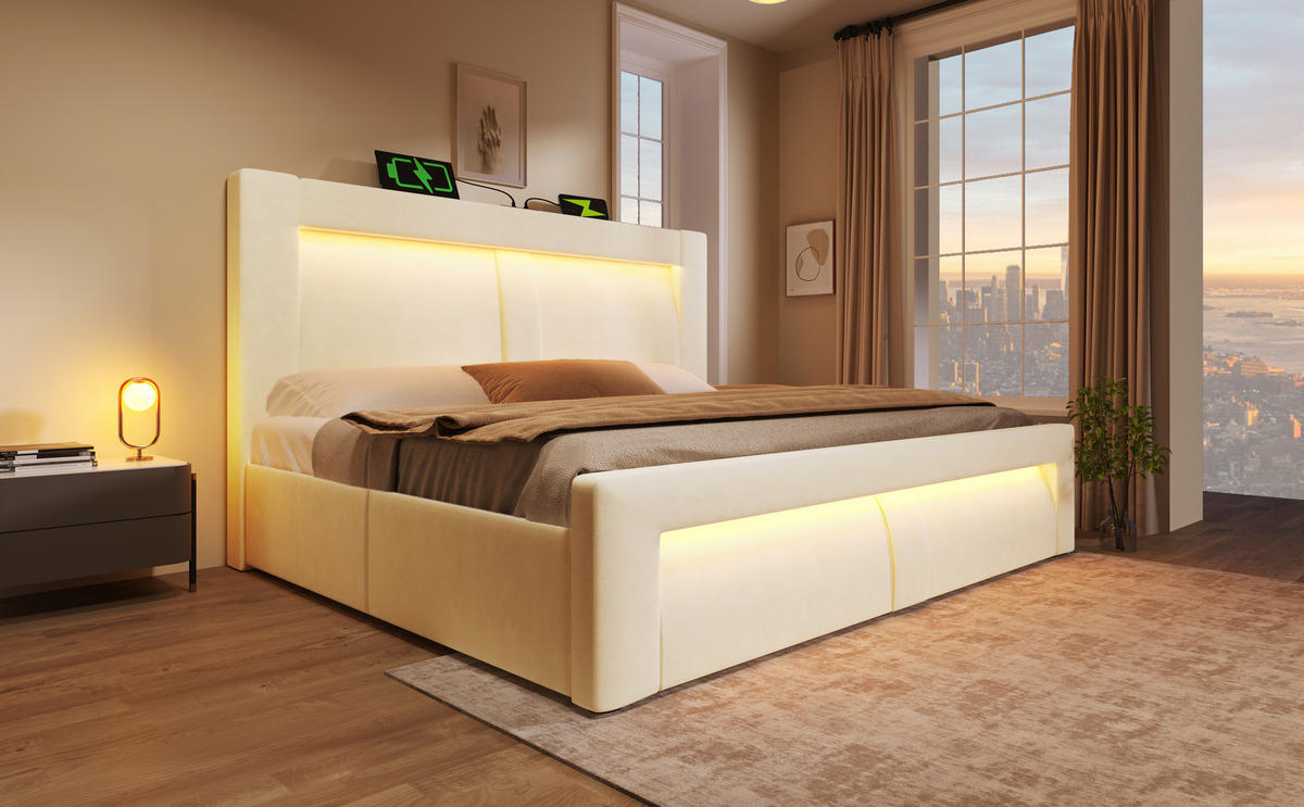 ČALOUNĚNÁ POSTEL 140/200 cm v béžové barvě s úložným prostorem, LED a USB-C - béžová, kov/kompozitní dřevo (140/200cm) - CHICFURN