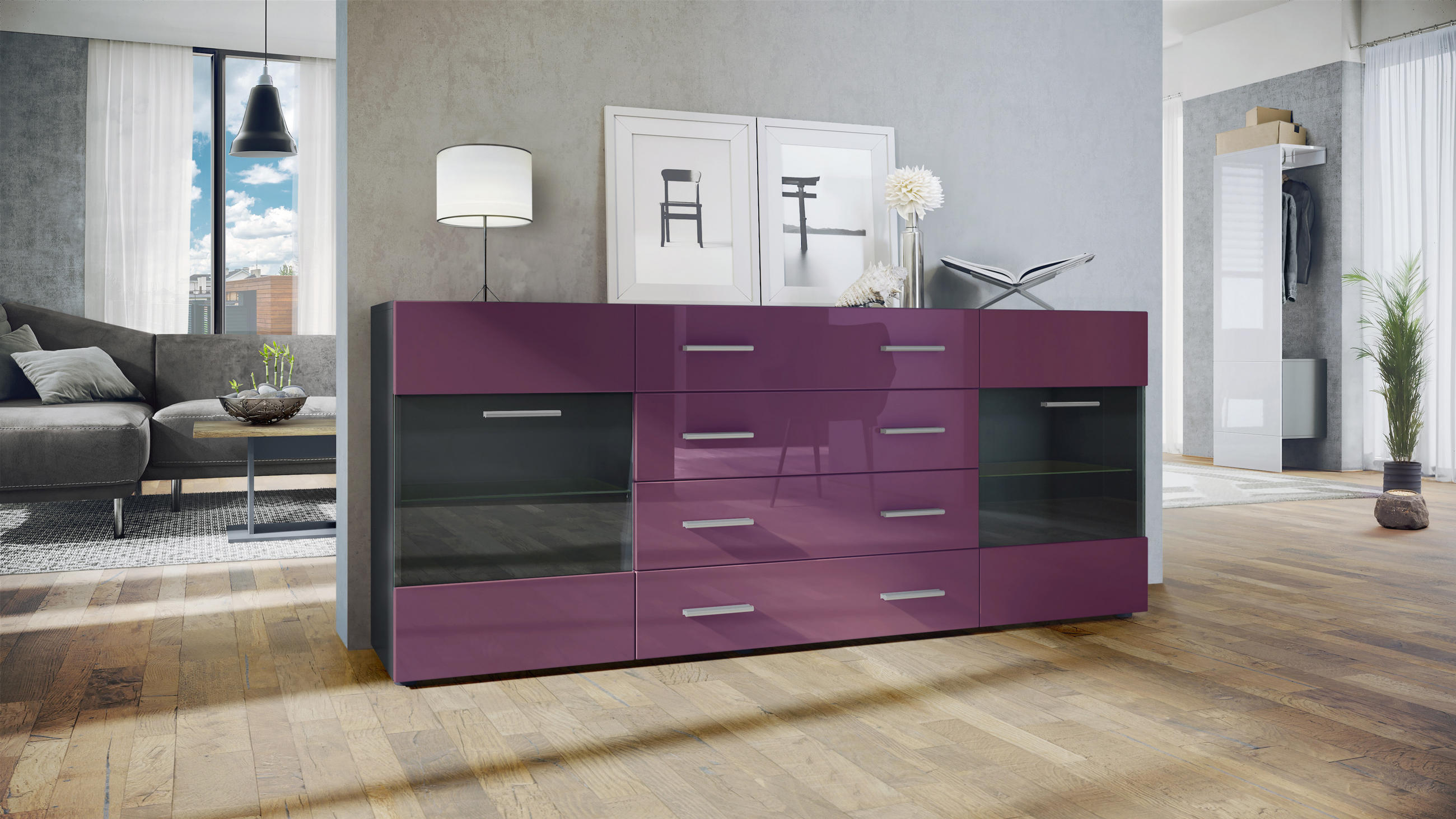 SIDEBOARD Carlos Brombeer Hochglanz - Brombeere, Holzwerkstoff (166/72/35cm) - Vladon