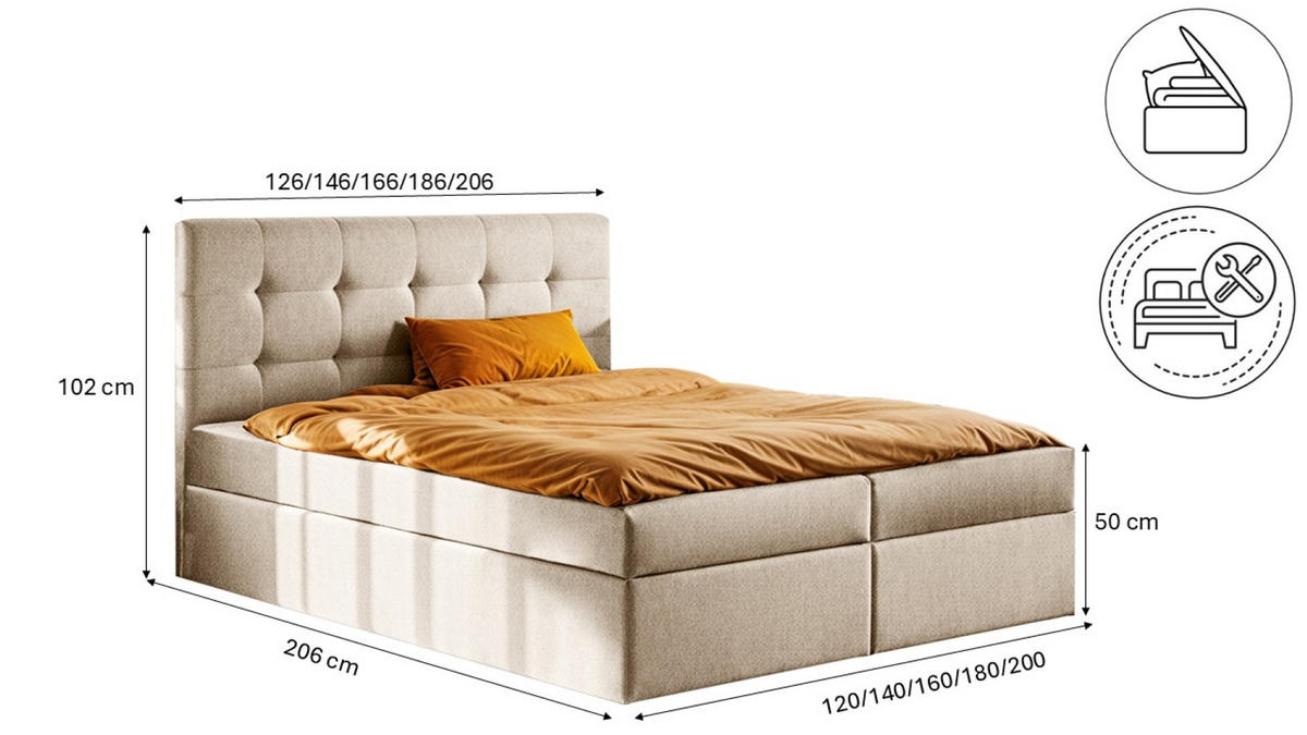 BOXBETT Mit Matratze Und Bettkasten LUDANO Stoff Hellbeige 120x200 cm H2-Pocket - Creme, Holz (120/200cm) - Kaiser Möbel