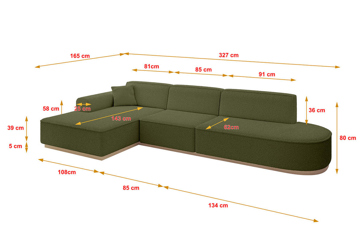 ECKSOFA Ottomane Links IREA-L2 - 327x165x80 cm Grün - Platinfarben, Holzwerkstoff/Textil (327/165cm) - ALTDECOR