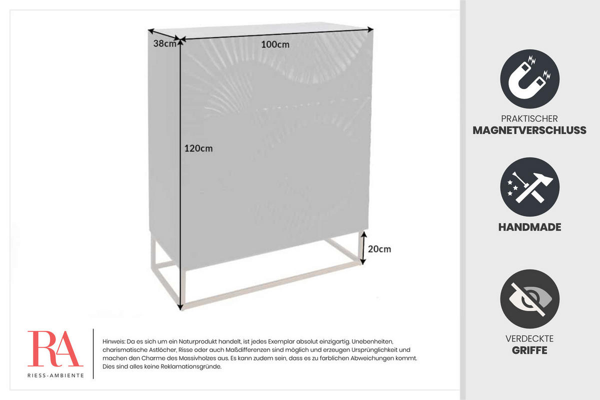 HIGHBOARD SCORPION Mango Schwarz 120 cm - Goldfarben/Schwarz, Holz/Metall (100/120/38cm) - riess-ambiente