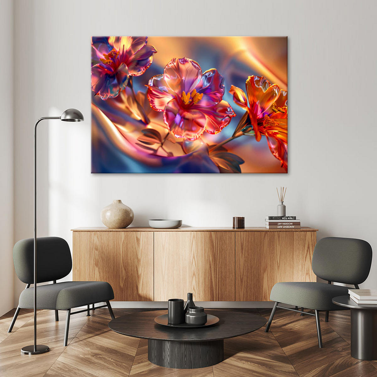 LEINWANDBILD Glänzende Glasblumen auf Leinwand - Multicolor, Textil (60/40cm) - Feeby