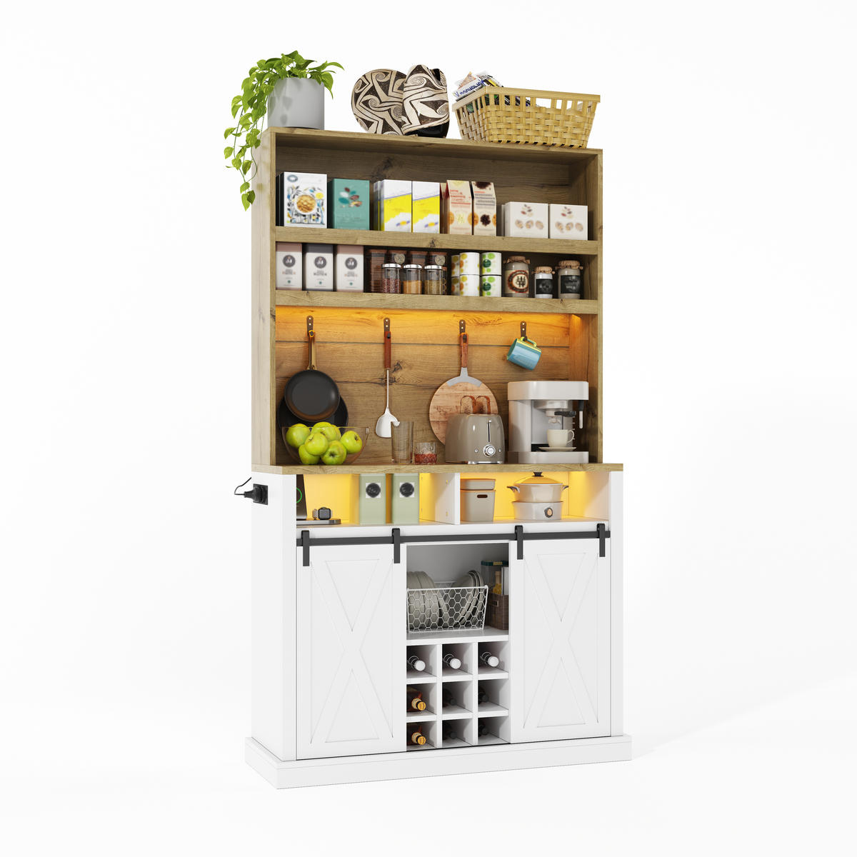 BUFFET 191 cm MDF Natur Weiß mit RGB-LED, USB-Anschluss und Weinregal - Weiß, Holzwerkstoff (40/191/110cm) - Korfee