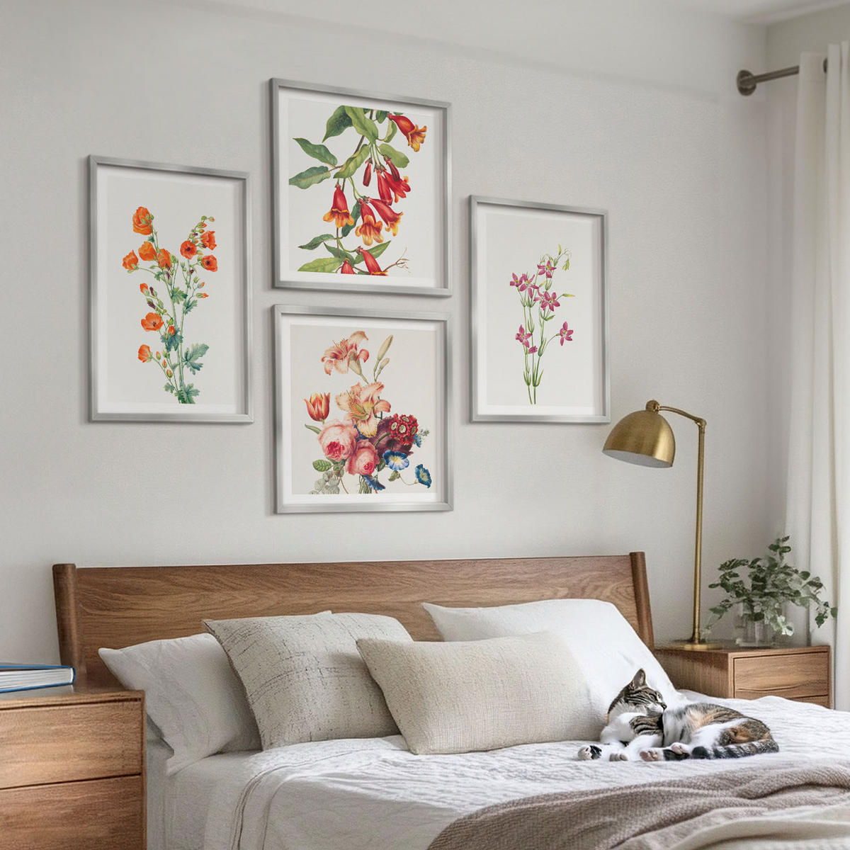 BILDER SET 4er Set - 50x50 cm & 40x60 cm Silberner Rahmen - Blumenmalerei im Retro-Stil - Silberfarben, Kunststoff (50/50cm) - TULUP