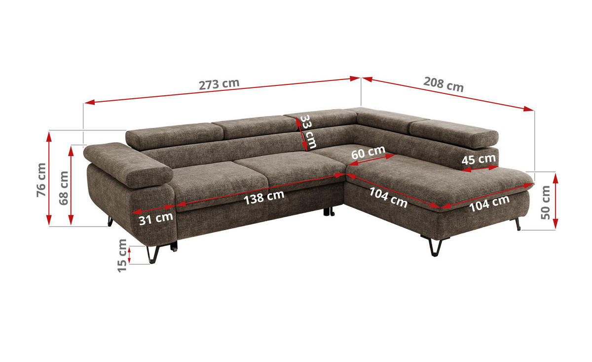 ECKSOFA PABLO L Braun Schenille grob gewebt - Rechts Seite mit T25 Topper - Schwarz/Braun, Textil/Metall (273/208cm) - MKS