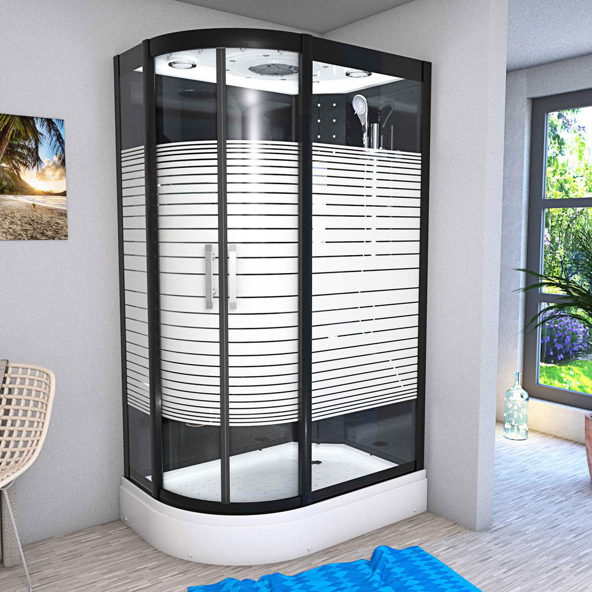 DUSCHKABINE Komplettdusche Dusche D30-73M1L-EC 120x80 cm MIT 2K Scheiben Versiegelung - Schwarz, Glas/Kunststoff (120/80/215cm) - AcquaVapore by Sandra Jentho