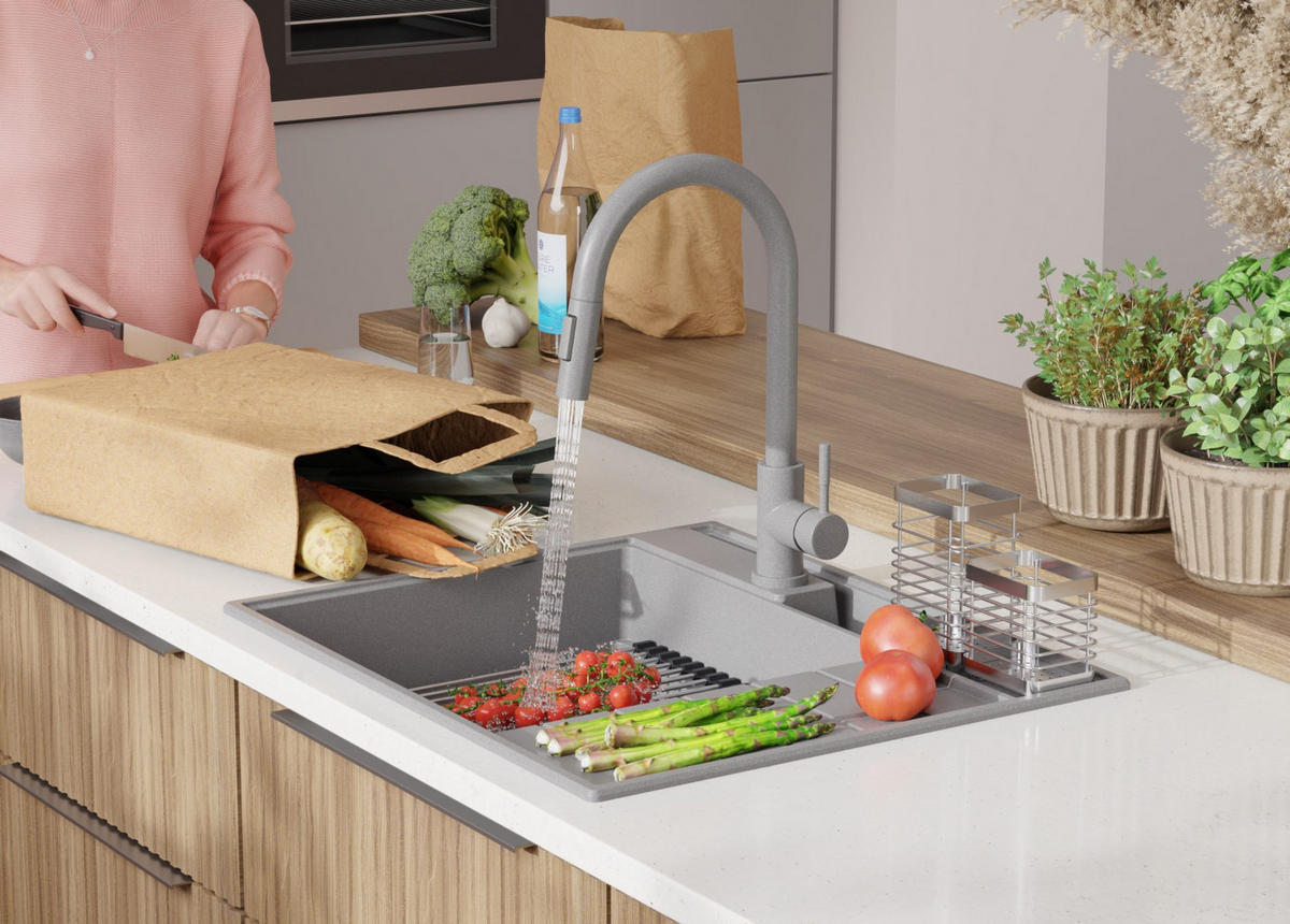 SPÜLBECKEN Sydney Pocket, 2-er set Grau 62/53 cm 1 Becken + Ablauf-Set + Küchenzubehörset ab 45er Unterschrank - Chromfarben/Beige, Kunststoff (62/20/53cm) - Primagran