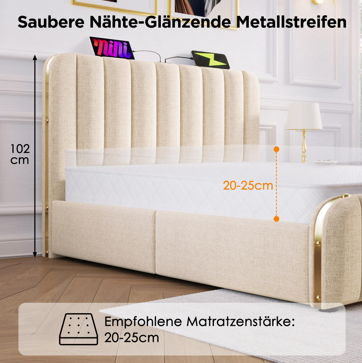 POLSTERBETT 90/200 cm Beige aus Leinen mit 4 Schubladen - Beige, Textil (90/200cm) - OKMYHOME