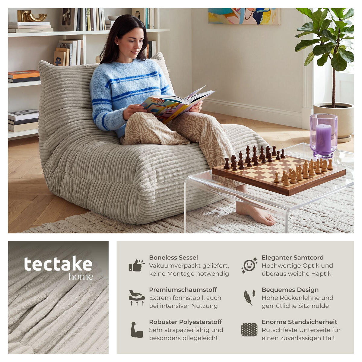 RELAXSESSEL Logo, 95 x 100 x 75 cm, Samtcord beige - Beige, Textil (95/75/100cm) - tectake
