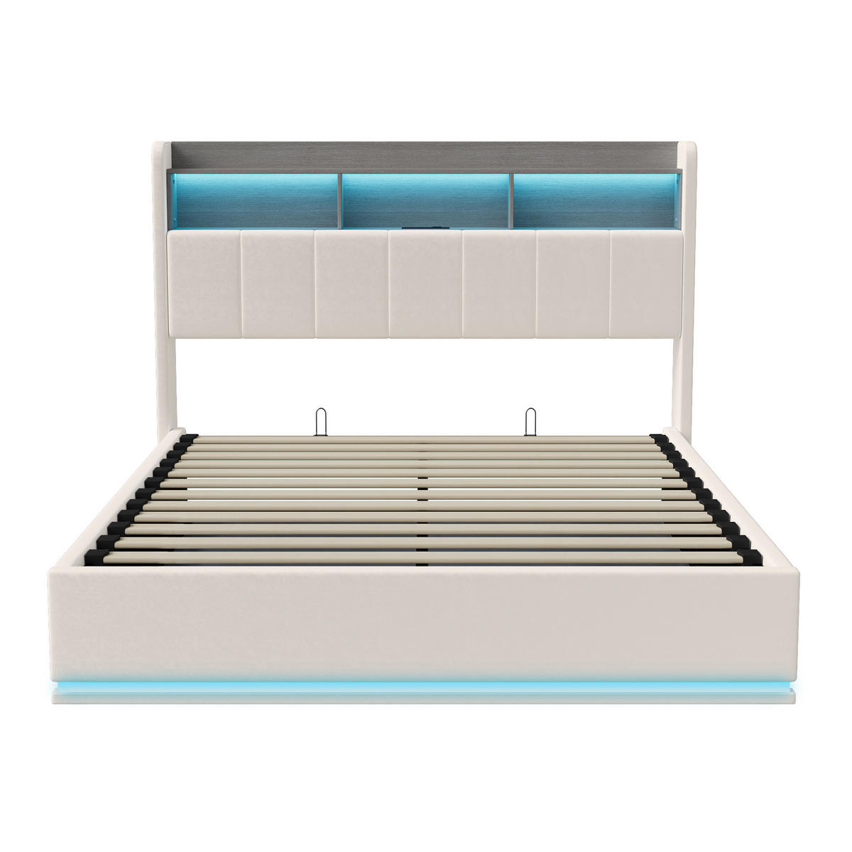 POLSTERBETT 160x200 cm LED Ablagefach Samt weiß - Weiß, Holz (160/200cm) - LEBENLANG