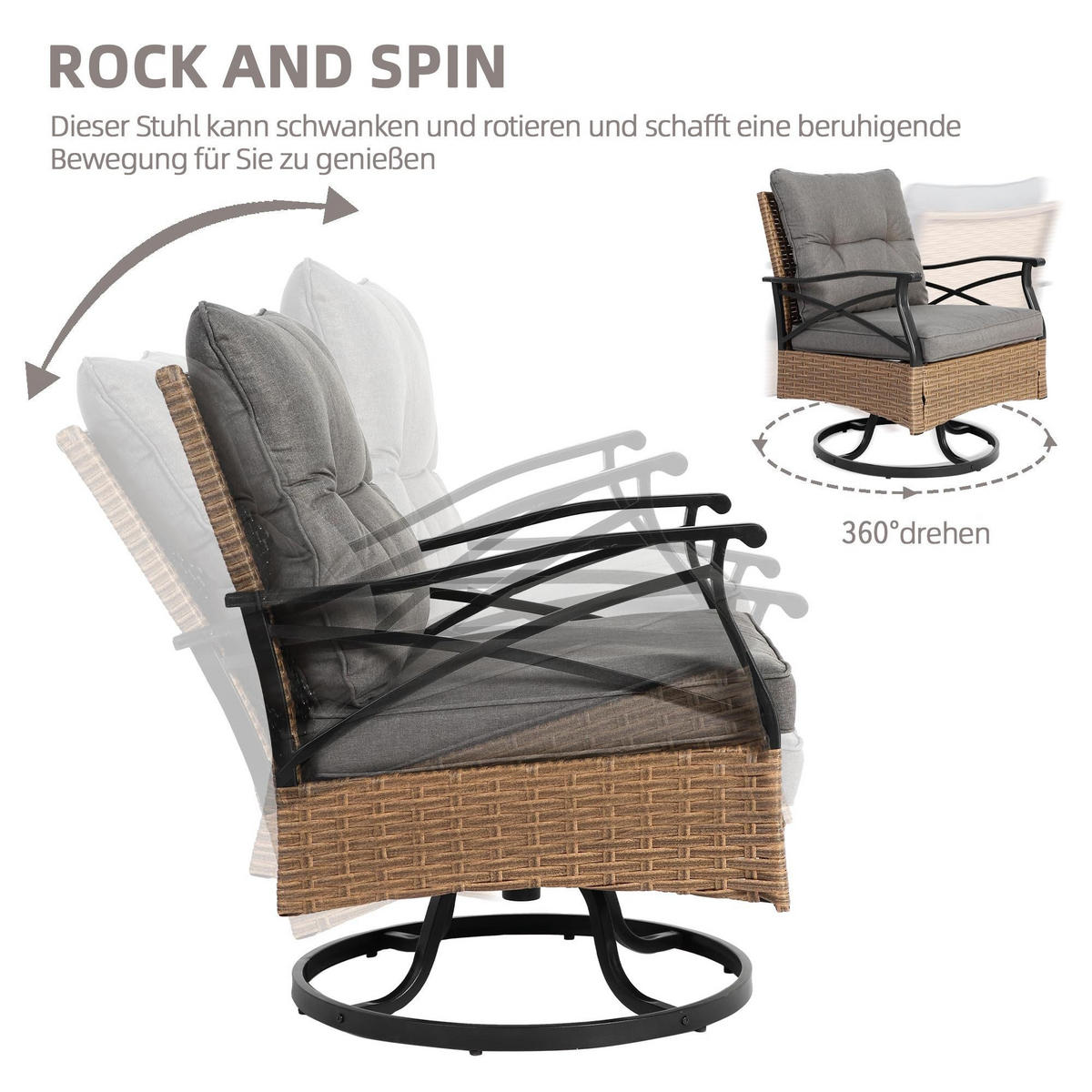 BALKONSET 3-teilig, PE-Rattan Schaukelstuhl, Grau - Grau, Metall - LVHOM