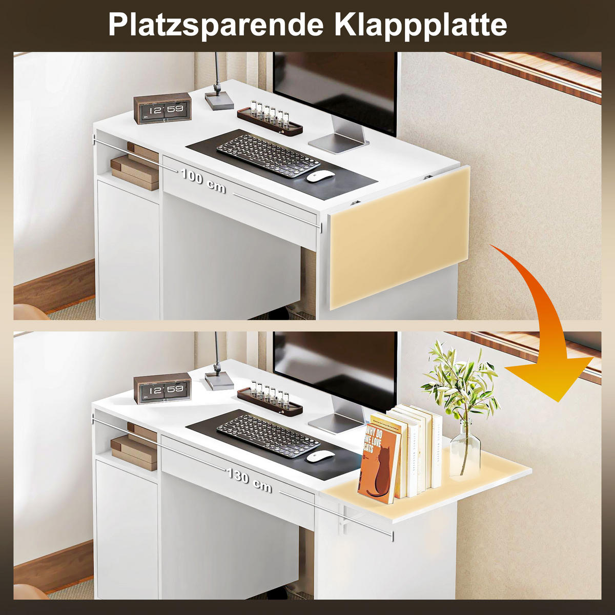 ROLLBARER Computertisch, klappbarer Schreibtisch mit Schrank und Schublade - Weiß, Holzwerkstoff (130/58/73.2cm) - HOMCOM