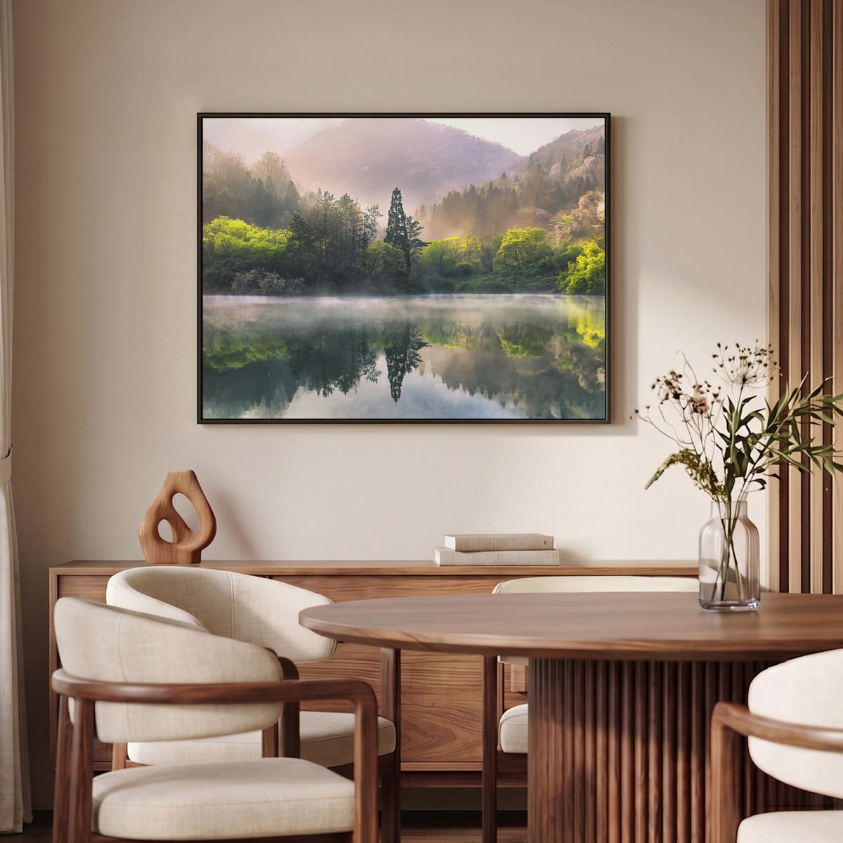 LEINWAND Bilder mit Rahmen - Natur - Bäume - Berge - See - Wasser - 100x70 - Hellgrün, Textil (100/70cm) - MuchoWow