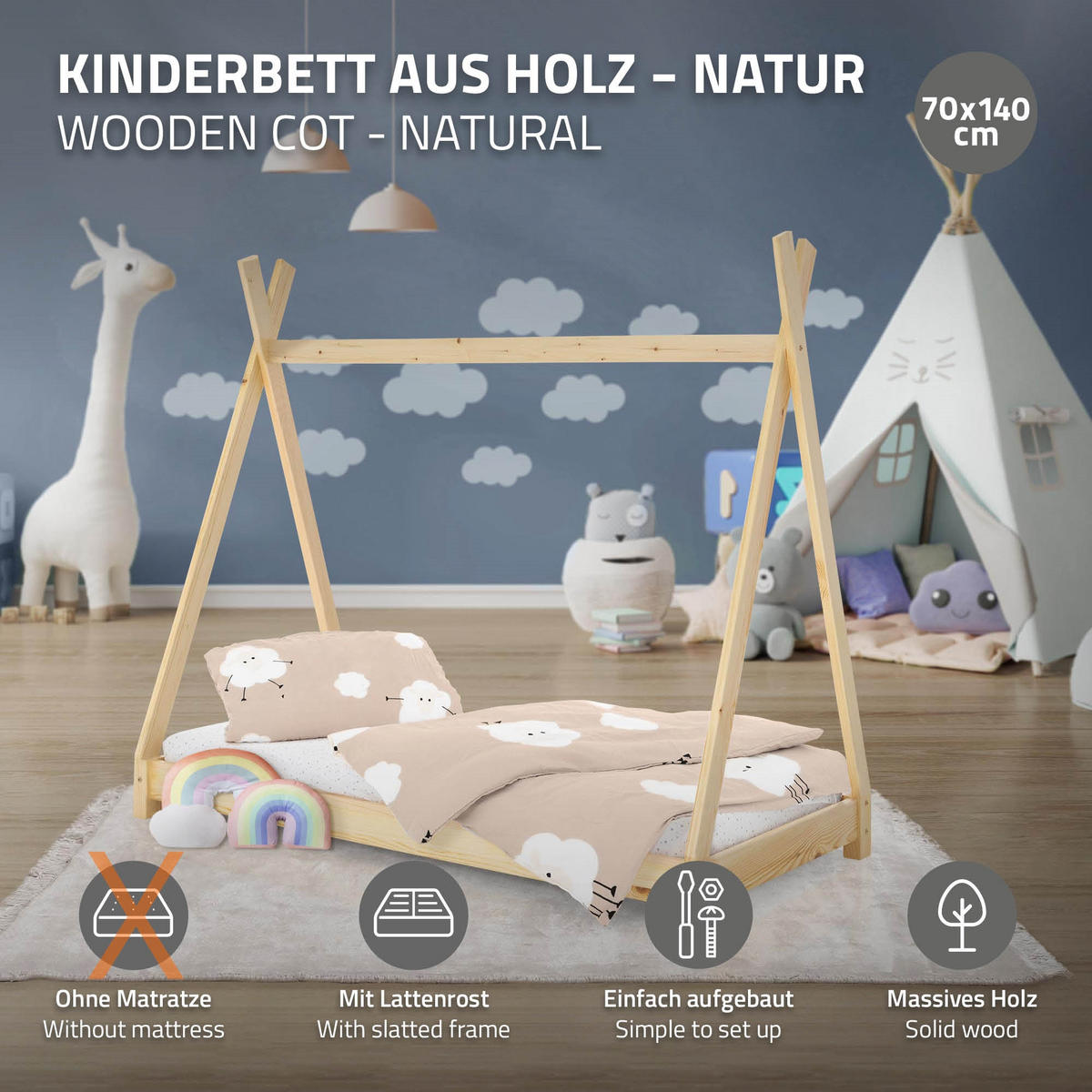 KINDERBETT Tipi 70x140 cm Natur - Naturfarben, Holz (77.5/137/147.5cm) - ML-DESIGN