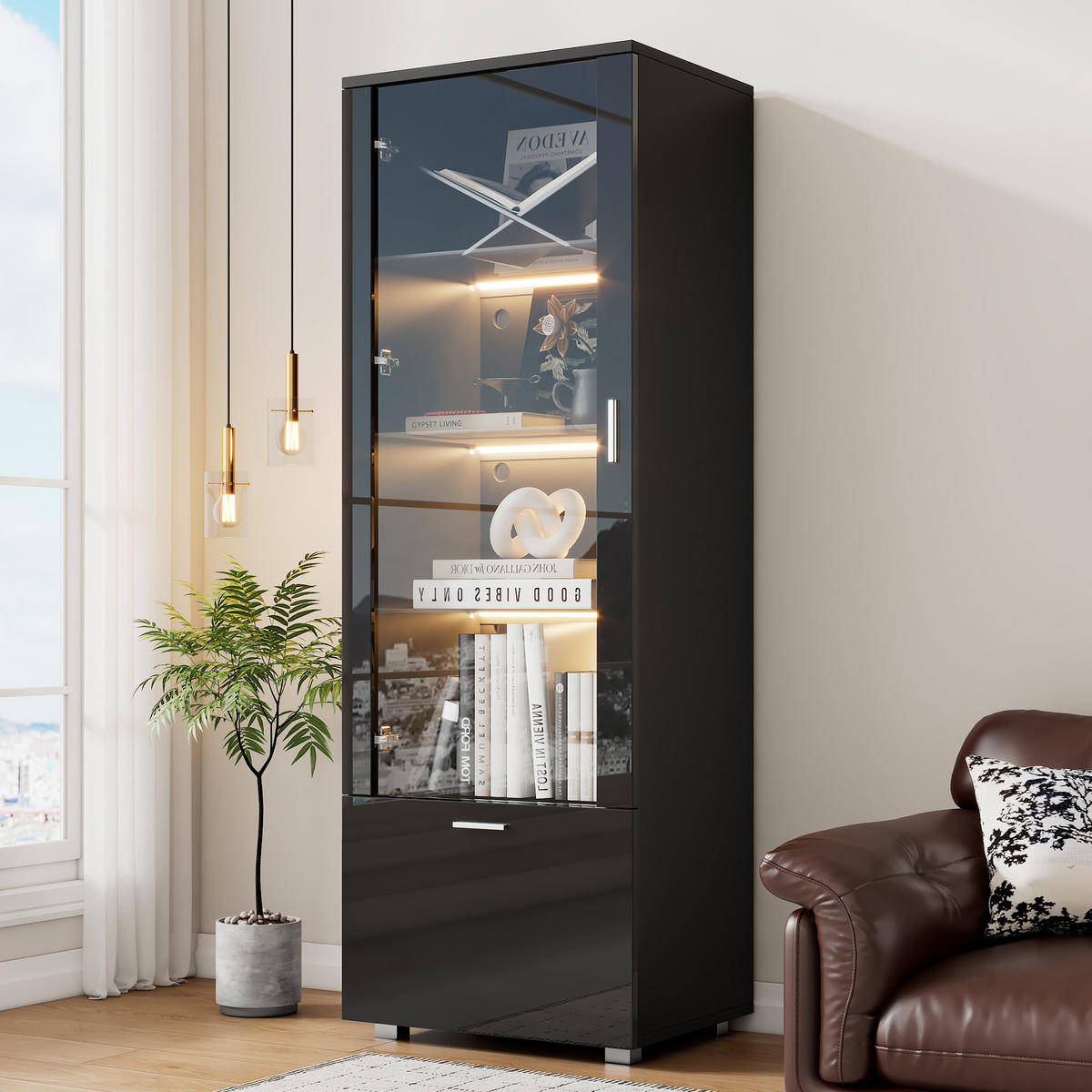 VITRINE Schwarz Hochglanz mit Acryltür und LED - Schwarz, Holzwerkstoff (40/160/50cm) - FLIEKS