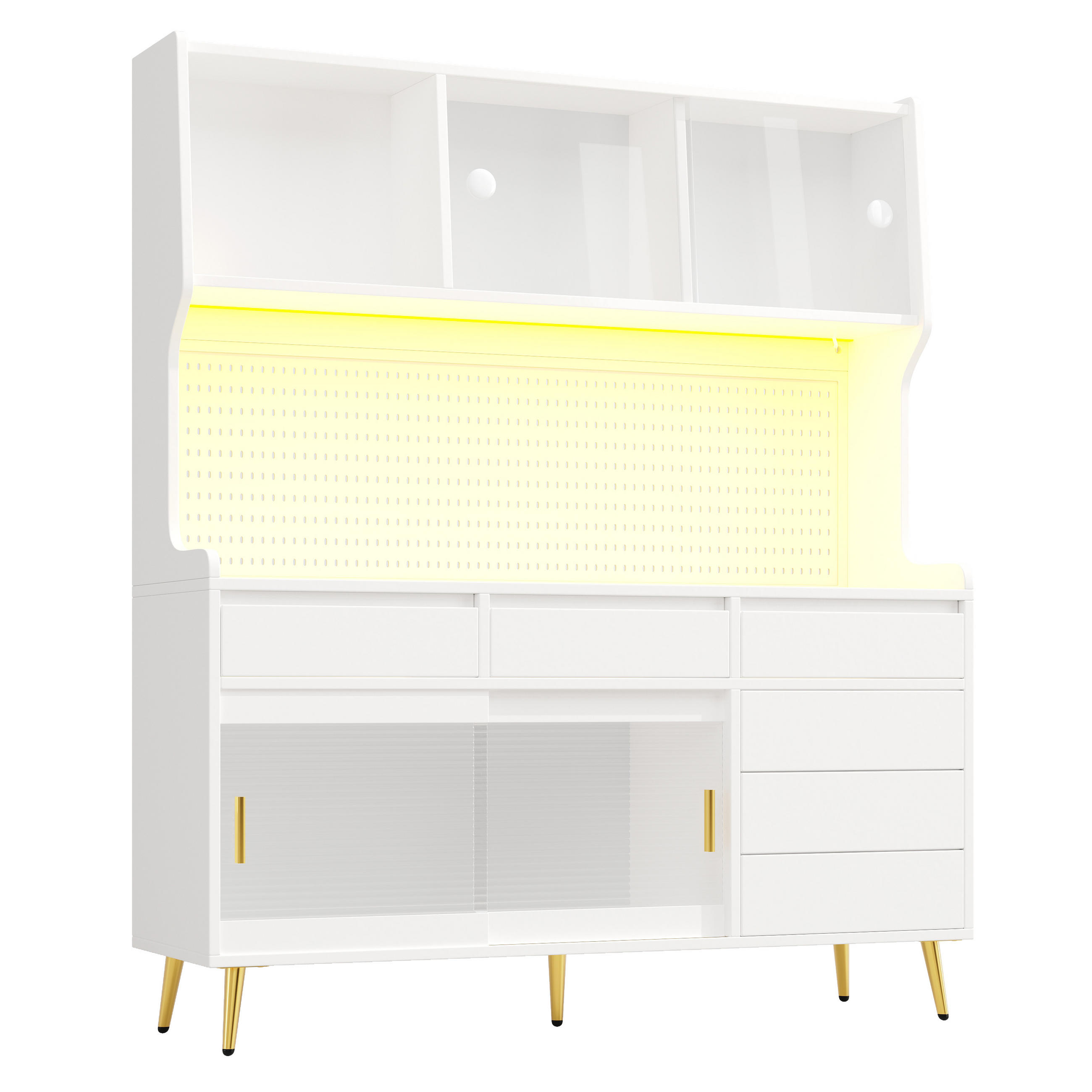 GESCHIRRSCHRANK aus MDF & Glas 145x39x171cm in Weiß mit LED - Weiß, Holzwerkstoff (145/171/39cm) - Modfu