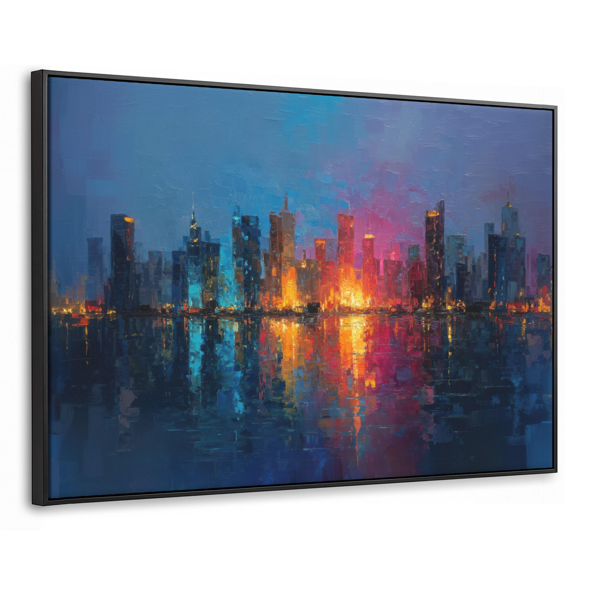 LEINWAND Bilder mit Rahmen - Skyline - Pinselstriche - Dunkelblau - Leuchtend - 140x90 - Blau, Textil (140/90cm) - MuchoWow