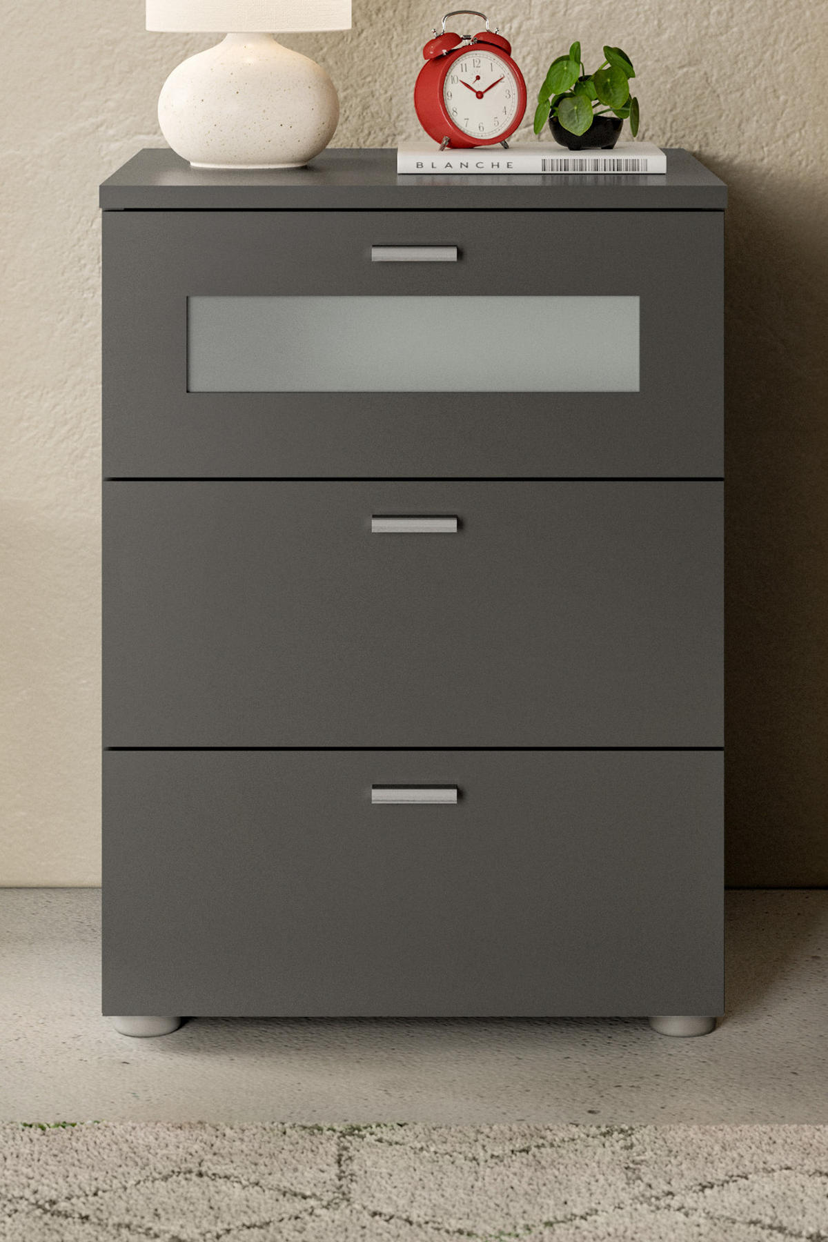 NACHTTISCH grau Komforthöhe 60 cm, 3x Schubkasten mit Vollauszug - Silberfarben/Grau, Glas/Holzwerkstoff (45/60/40cm) - Inn.Furn