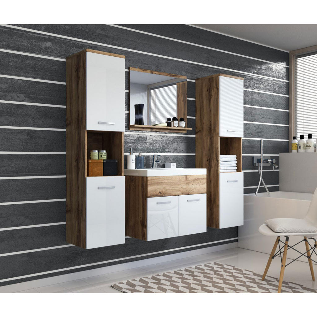 Thumbnail - Feldmann-Wohnen Badmöbel-Set, Weiß, Braun, Holz, 12 Fächer, Rechteckig, 121x132x35 cm, Badezimmer, Badmöbelsets & Badmöb...