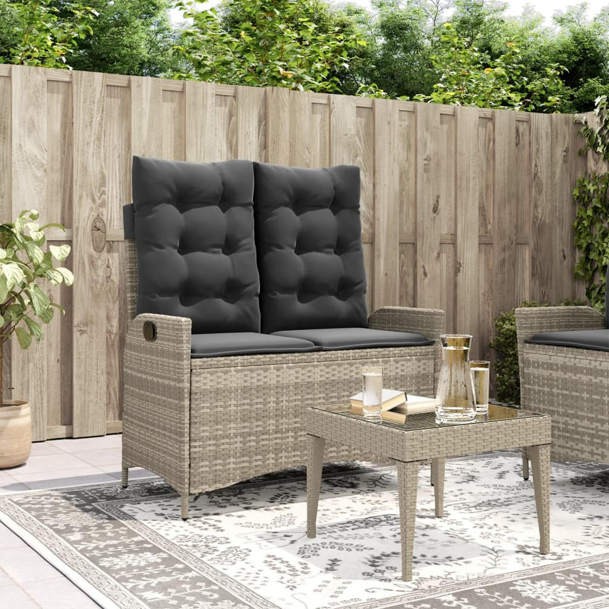 GARTENBANK Verstellbar mit Kissen Hellgrau Poly Rattan - Grau, Kunststoff (104/93/59cm) - furnicato