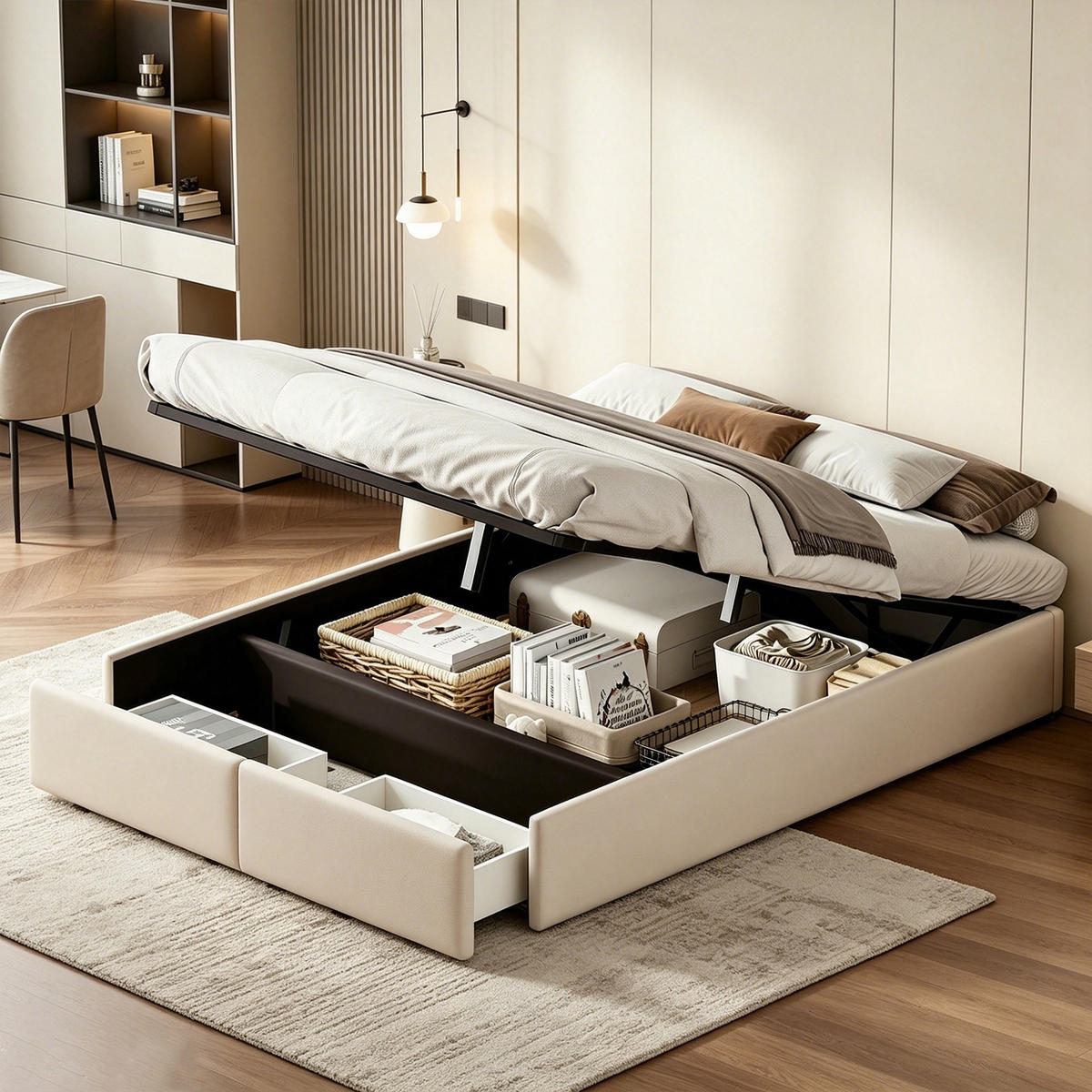 POLSTERBETT 140x200 mit stauraum, bettgestell mit 2 Schublade, Bettkasten, Lattenrost, ohne Kopfteil, Leinenstoff, beige - Beige, Holz/Textil (140/200cm) - GENKI LIVING