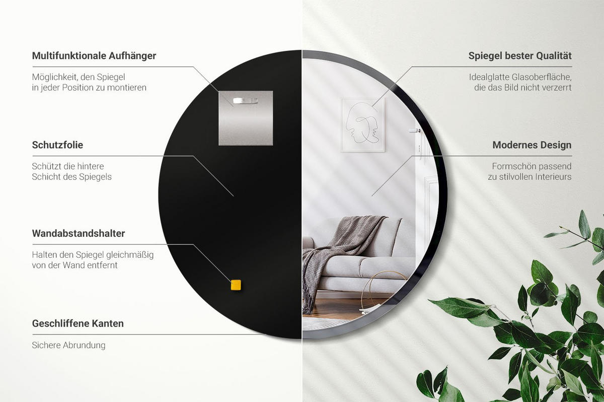 SPIEGEL Rund Schwarz Ø 80cm - Schwarz, Glas (80/80/0.4cm) - Wallfluent