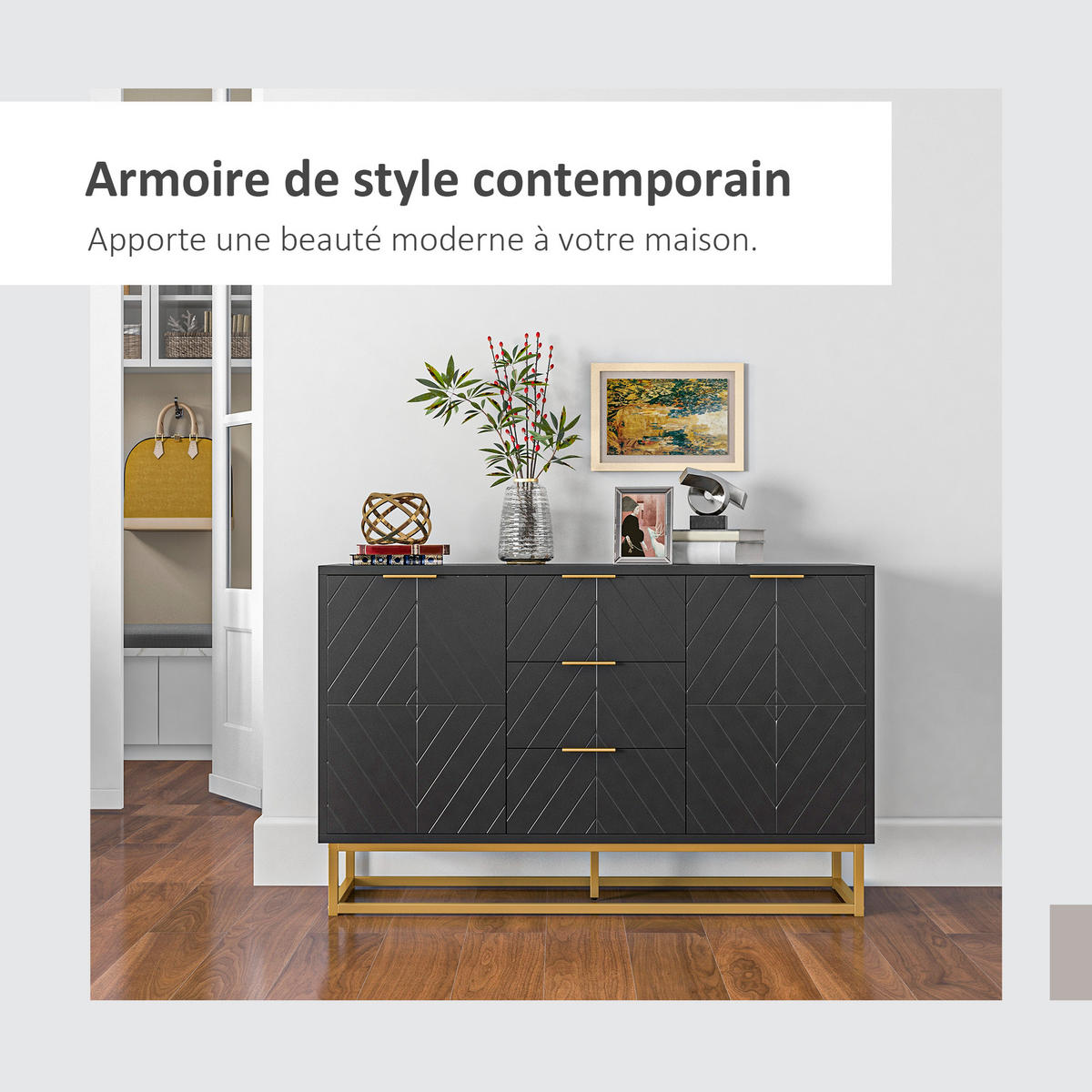 SIDEBOARD Schwarz-Gold, 2 Türen, 3 Schubladen, 120/40/76 cm - Schwarz, Holz (120/76/40cm) - PANGIVO